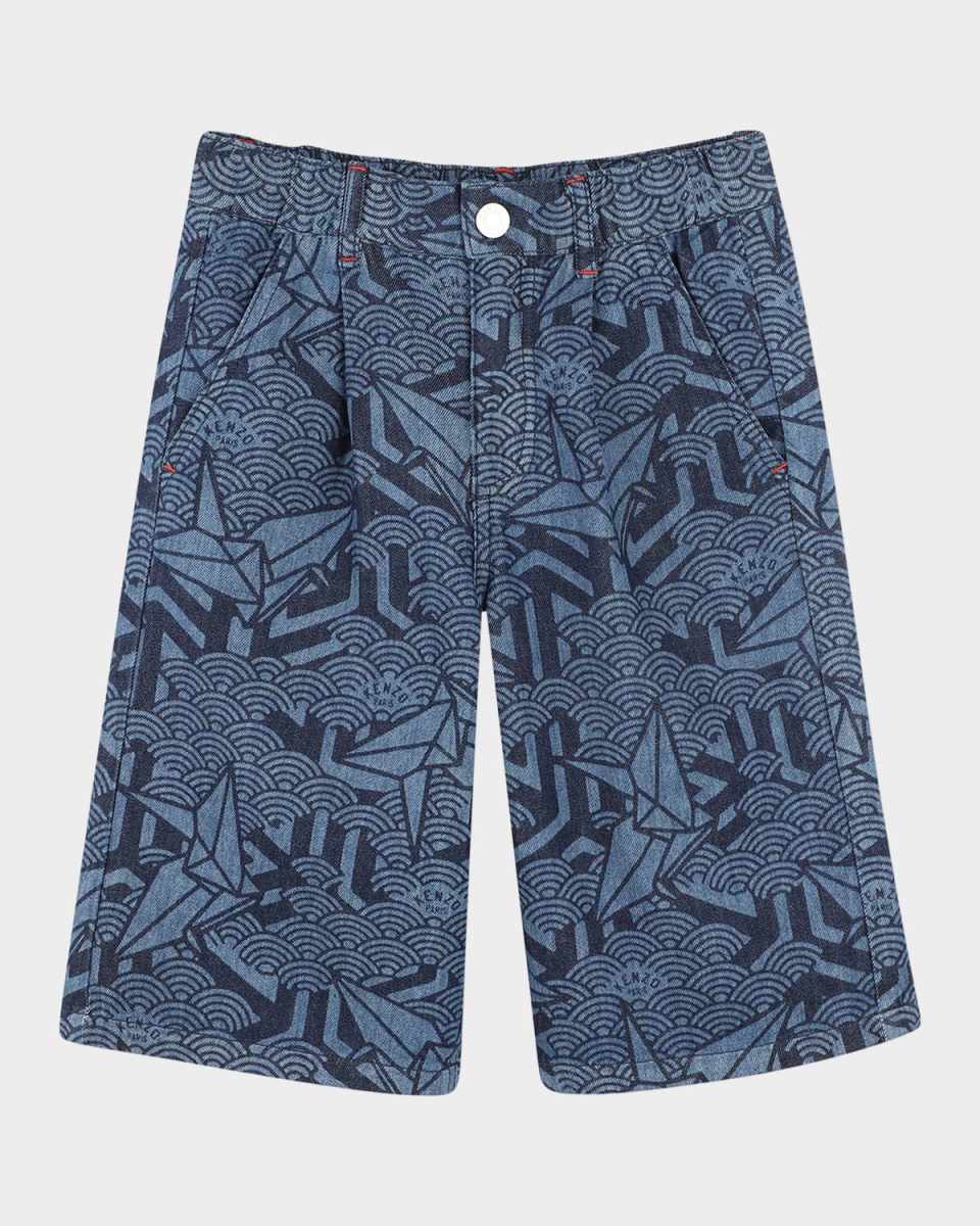Boy's Printed Denim Shorts W/ Logo Badge, Size 2-